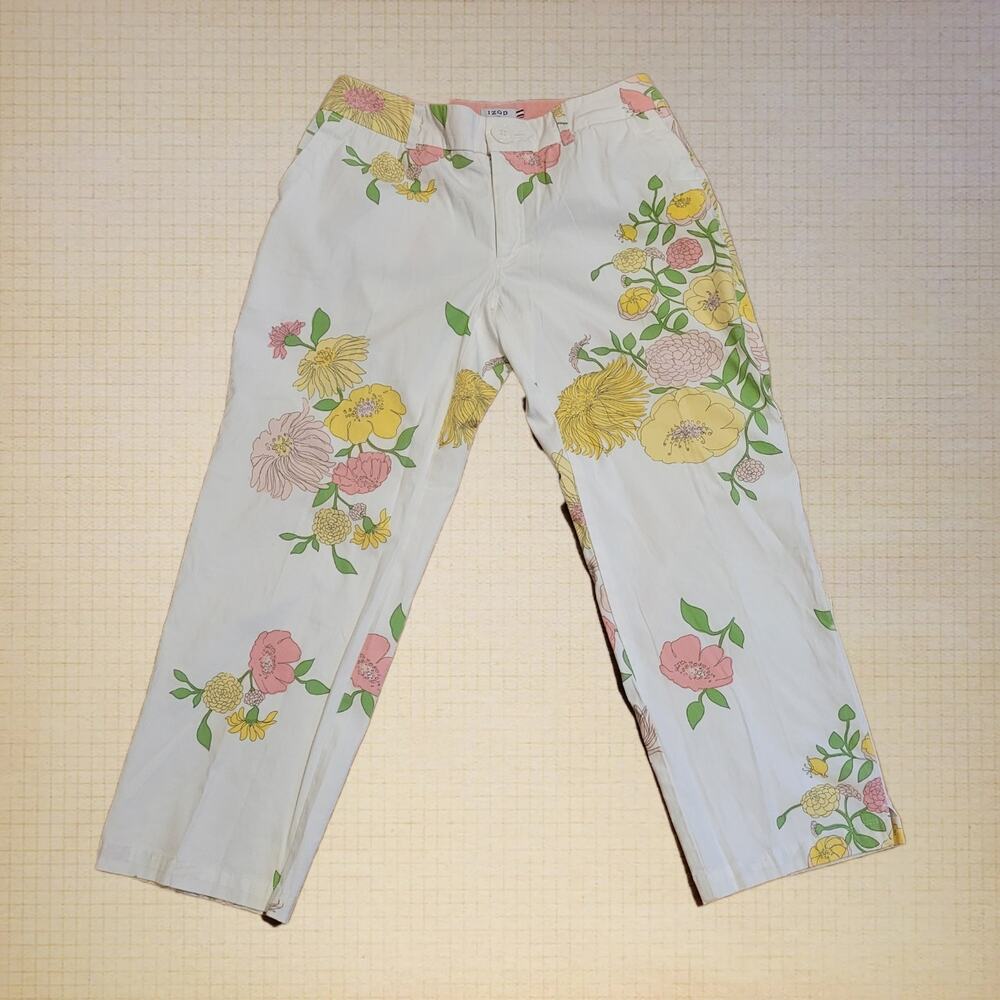 Izod White Floral Pants Stretchy High-Waisted Wide-Leg Ankle Womans 4